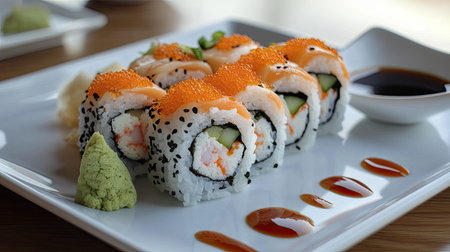 A neatly arranged sushi roll platter with soy sauce and wasabi on the side, with plenty of room for copy.の素材