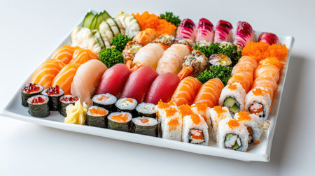 Freshly prepared sushi platter with various nigiri and maki rolls, arranged on a white plate with space for text.の素材