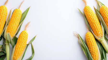 Fresh corn on the cob arranged neatly on a white background with ample space for text.の素材
