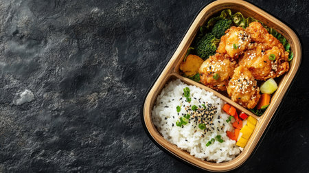 Top view of a beautifully presented bento box with rice, vegetables, and fried chicken, with space for a message.の素材