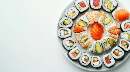 Top view of a platter of fresh sushi rolls with various fillings, arranged on a white plate with space for textの素材