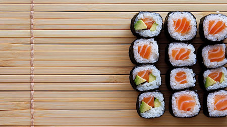 Freshly made sushi rolls with salmon and avocado, arranged on a bamboo mat with plenty of space for text.の素材