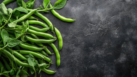 Freshly harvested green beans spread out on a dark surface with ample space around for copy.の素材