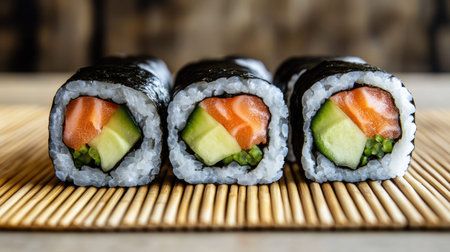 Freshly made sushi rolls with salmon, avocado, and cucumber, arranged on a bamboo mat with ample space for copy.の素材
