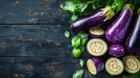 A variety of fresh eggplants, some sliced and some whole, arranged on a dark wooden table with ample copy space.の素材