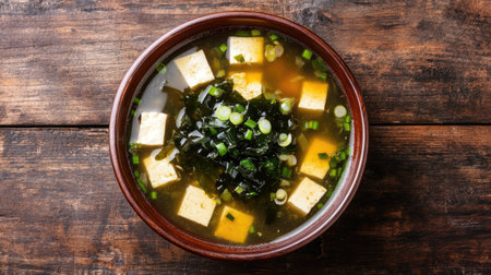 Top view of a steaming bowl of miso soup with tofu, seaweed, and green onions, with ample space for copy.の素材