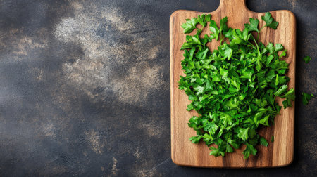 Freshly chopped parsley on a wooden cutting board with ample space around for your text.の素材
