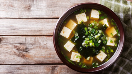 Top view of a steaming bowl of miso soup with tofu, seaweed, and green onions, with ample space for copy.の素材
