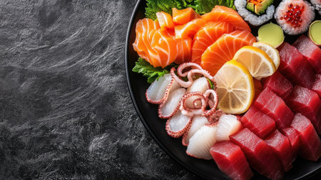 Top view of an assorted sashimi platter with tuna, salmon, and octopus slices, with space for copy.の素材