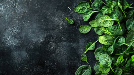 Fresh spinach leaves spread out on a dark background with plenty of copy space.の素材