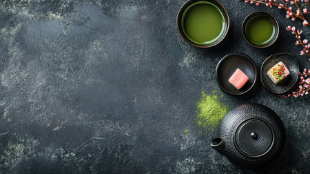 Top view of a traditional Japanese tea set with matcha tea and wagashi sweets, leaving ample copy space.の素材
