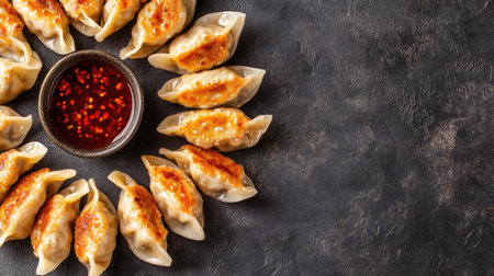 Top view of assorted gyoza dumplings with dipping sauce, arranged in a circular pattern with space for text.の素材