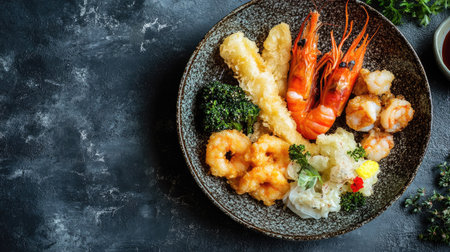 Top view of assorted tempura vegetables and shrimp on a ceramic plate, with ample space for a message.の素材