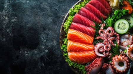 Freshly prepared sashimi platter with tuna, salmon, and octopus slices, with ample space around for copy.の素材