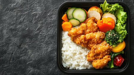 Top view of a beautifully presented bento box with rice, vegetables, and fried chicken, with space for a message.の素材