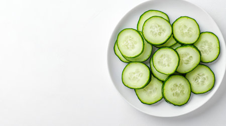 Freshly cut cucumber slices arranged in a circular pattern on a white plate, leaving ample space for copy.の素材