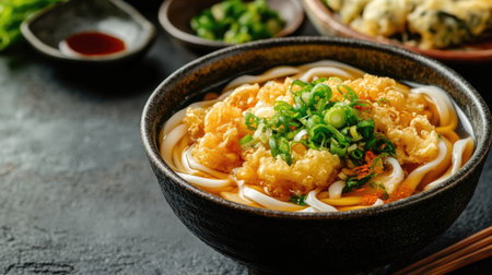 Freshly prepared udon noodles in a bowl, garnished with tempura and green onions, with plenty of copy space.の素材