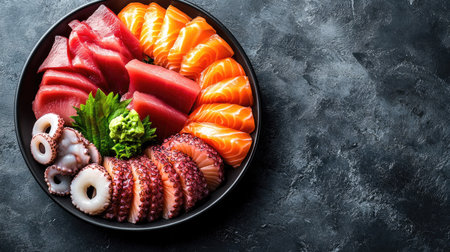 Top view of an assorted sashimi platter with tuna, salmon, and octopus slices, with space for copy.の素材
