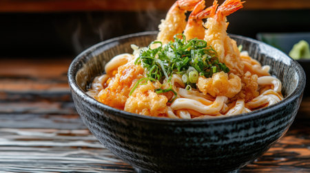 Freshly prepared udon noodles in a bowl, garnished with tempura and green onions, with plenty of copy space.の素材