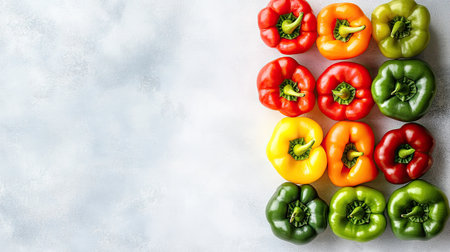 Freshly cut bell pepper rings in various colors arranged on a light surface with plenty of copy space.の素材