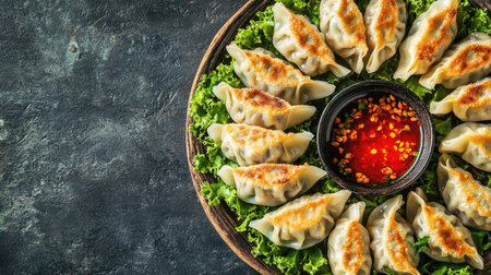 Top view of assorted gyoza dumplings with dipping sauce, arranged in a circular pattern with space for a message.の素材