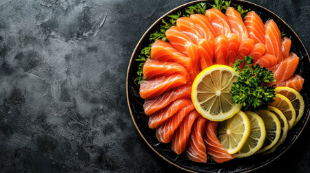 Top view of a platter of fresh sashimi slices arranged in a circular pattern with lemon and wasabi, leaving space for text.の素材