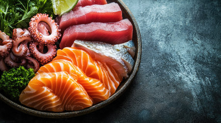 Freshly prepared sashimi platter with tuna, salmon, and octopus slices, with ample space around for text.の素材