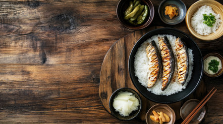 Top view of a traditional Japanese breakfast with grilled fish, rice, and pickles, with space for text.の素材