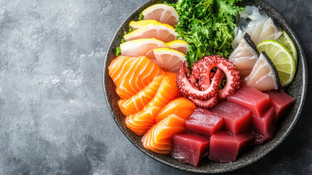 Freshly prepared sashimi platter with tuna, salmon, and octopus slices, with ample space around for copy.の素材