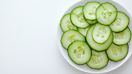 Freshly cut cucumber slices arranged in a circular pattern on a white plate, leaving ample space for copy.の素材
