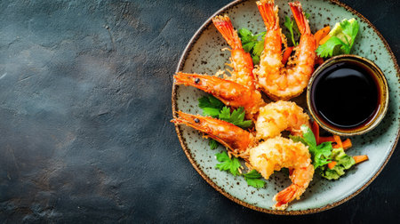 Freshly made tempura shrimp and vegetables on a ceramic plate with soy sauce on the side, leaving space for a message.の素材