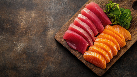 Freshly prepared sashimi slices of tuna and salmon arranged on a wooden platter with plenty of copy space.の素材
