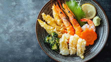 Top view of assorted tempura vegetables and shrimp on a ceramic plate, with ample space for a message.の素材
