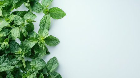 Top view of a bunch of fresh mint leaves arranged neatly on a white background with space for textの素材