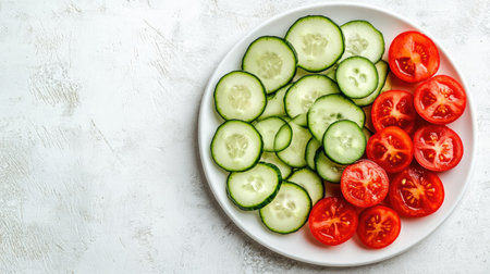 Freshly sliced cucumbers and tomatoes arranged in a circular pattern on a white plate with ample copy space.の素材