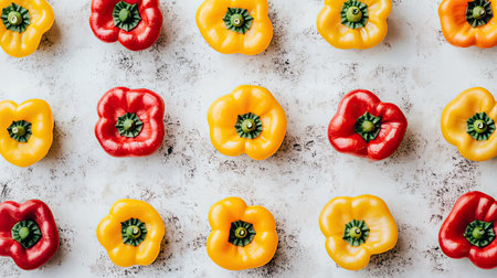 Sliced red and yellow bell peppers arranged in a pattern on a light surface, leaving space for text.の素材