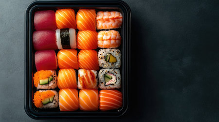Top view of a vibrant sushi platter with various nigiri and maki rolls, with space for a message.の素材