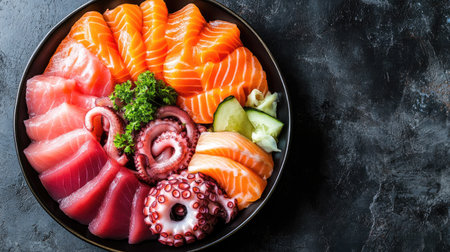 Top view of an assorted sashimi platter with tuna, salmon, and octopus slices, with space for copy.の素材