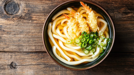 A vibrant bowl of udon noodles with tempura and green onions, placed on a wooden table with ample copy space.の素材