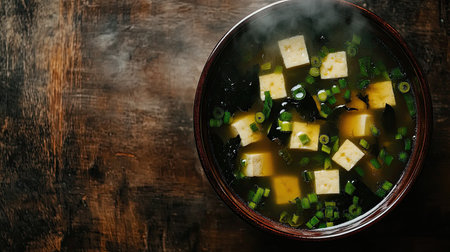 Top view of a steaming bowl of miso soup with tofu, seaweed, and green onions, with ample space for a message.の素材