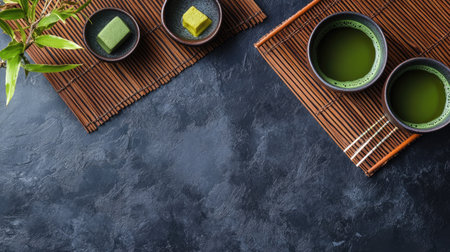 Top view of a traditional Japanese tea set with matcha tea and wagashi sweets, leaving ample copy space.の素材