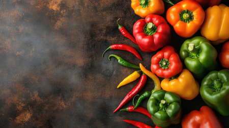 Top view of a variety of fresh bell peppers and chili peppers arranged on a rustic surface with room for text.の素材