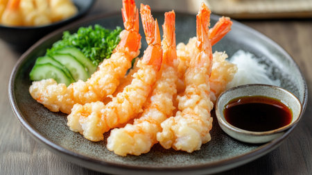 Freshly made tempura shrimp and vegetables on a ceramic plate with soy sauce on the side, leaving space for a message.の素材