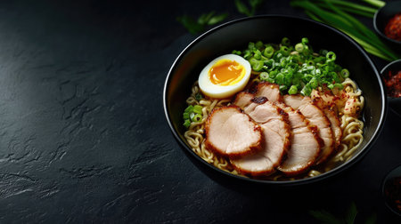 Freshly prepared ramen bowl with sliced pork, boiled egg, and green onions, placed on a dark background with room for copy.の素材