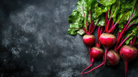 Freshly picked beets, some with greens attached, arranged on a rustic surface with room for a message.の素材