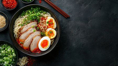 Freshly prepared ramen bowl with sliced pork, boiled egg, and green onions, placed on a dark background with ample copy space.の素材