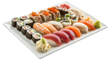 Freshly prepared sushi platter with various nigiri and maki rolls, arranged on a white plate with space for text.の素材