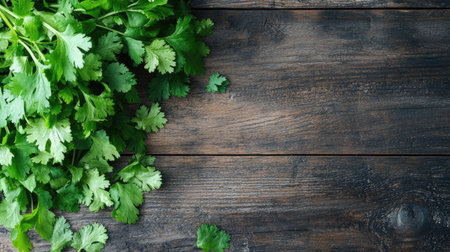 Top view of a bunch of fresh cilantro leaves spread out on a wooden table, with plenty of copy space.の素材