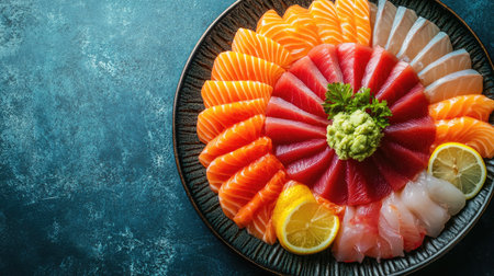 Top view of a platter of fresh sashimi slices arranged in a circular pattern with lemon and wasabi, leaving space for text.の素材