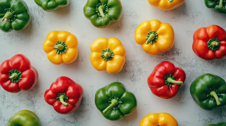 Top view of fresh bell peppers arranged in a pattern on a light surface, leaving plenty of space for text.の素材